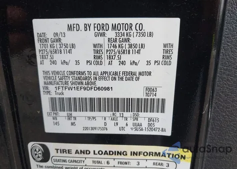 2013 Ford F-150 Fx4/King Ranch/Lariat/Platinum/Xl/Xlt из США, поврежденный, VIN 1FTFW1EF9DFD60981